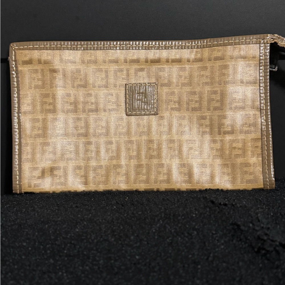 Vintage Fendi Monogram Zip Clutch in Tan and Brown